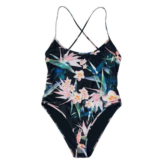Forever 21 Black Floral One Piece Swimsuit Criss Cross Back Size Large - Picture 1 of 5